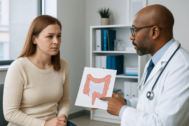 Doctor showing digestive system(Bowel Movement) diagram to patient during consultation.