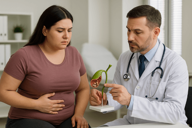 Doctor showing gallbladder model to woman with stomach pain to understand the Risk of Gallstones.