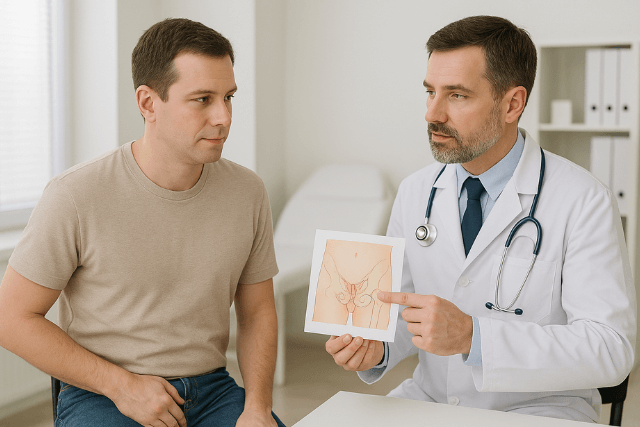 Doctor explaining inguinal hernia to patient using anatomical diagram.