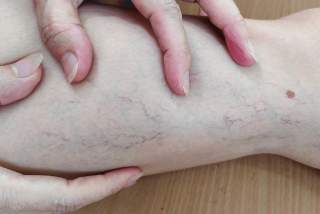 Woman holding her legs with visible varicose veins, showing common leg vein problems.